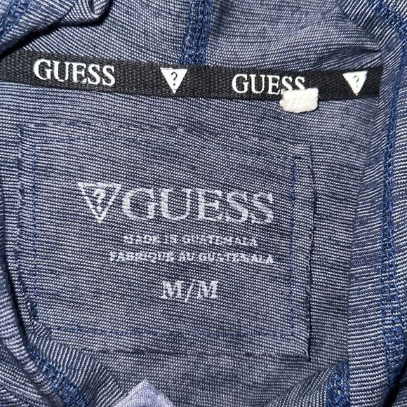 Guess M Hooded Long Sleeve Heathered Blue Chambray Trim Tee Henley - Picture 11 of 13